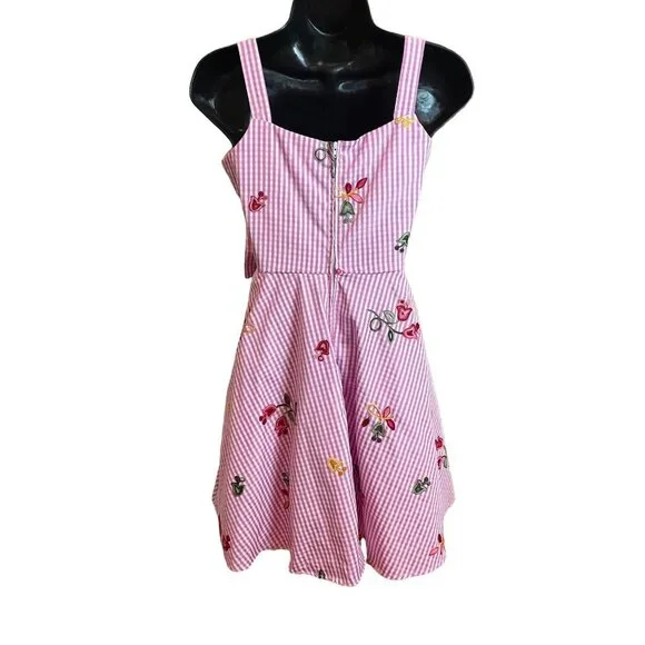Vintage Y2K Rare Editions Pink White Gingham Fit and Flare Embroidered Dress - Picture 2 of 11